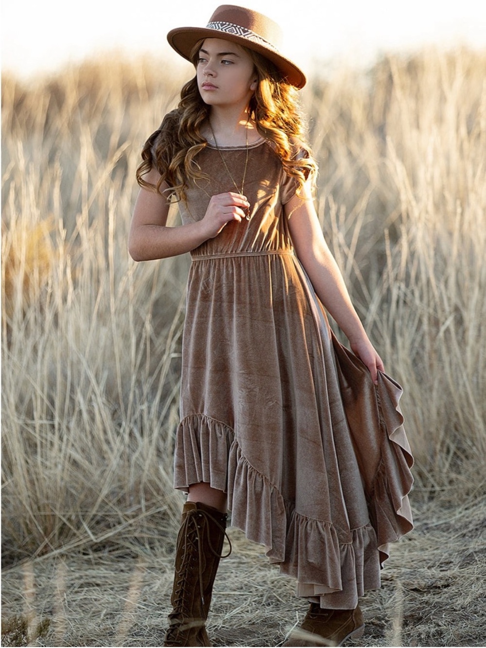 Joyfolie Aleena Girls' Velvet Ruffle Hem Dress in Taupe